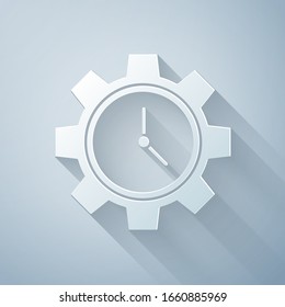 Paper cut Time Management icon isolated on grey background. Clock and gear sign. Productivity symbol. Paper art style. Vector Illustration