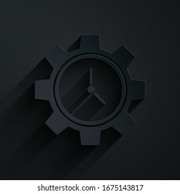 Paper cut Time Management icon isolated on black background. Clock and gear sign. Productivity symbol. Paper art style. Vector Illustration