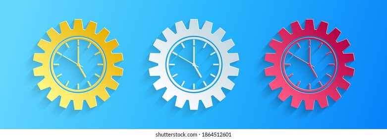 Paper cut Time Management icon isolated on blue background. Clock and gear sign. Productivity symbol. Paper art style. Vector.