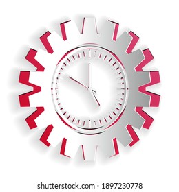 Paper cut Time Management icon isolated on white background. Clock and gear sign. Productivity symbol. Paper art style. Vector.