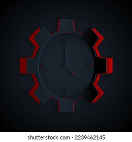 Paper cut Time Management icon isolated on black background. Clock and gear sign. Productivity symbol. Paper art style. Vector