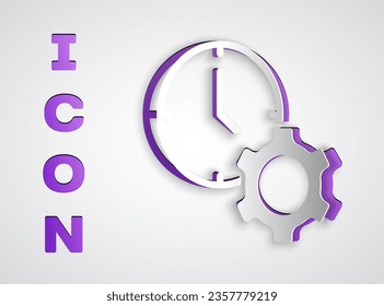 Paper cut Time management icon isolated on grey background. Clock and gear sign. Productivity symbol. Paper art style. Vector