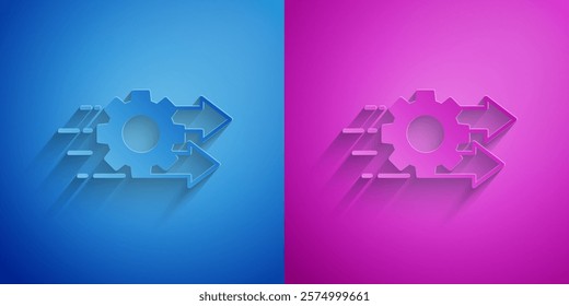 Paper cut Time management icon isolated on blue and purple background. Clock and gear sign. Productivity symbol. Paper art style. Vector