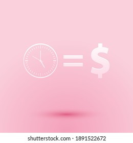 Paper cut Time is money icon isolated on pink background. Money is time. Effective time management. Convert time to money. Paper art style. Vector.