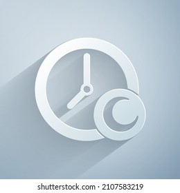 Paper cut Time to sleep icon isolated on grey background. Sleepy zzz. Healthy lifestyle. Paper art style. Vector