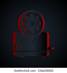 Paper cut Toaster and gear icon isolated on black background. Adjusting app, service concept, setting options, maintenance, repair, fixing. Paper art style. Vector Illustration