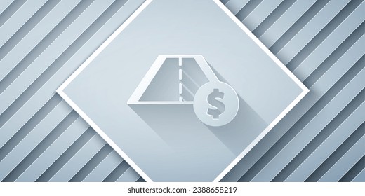 Paper cut Toll road traffic sign. Signpost icon isolated on grey background. Pointer symbol. Street information sign. Direction sign. Paper art style. Vector