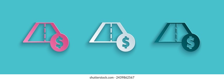 Paper cut Toll road traffic sign. Signpost icon isolated on blue background. Pointer symbol. Street information sign. Direction sign. Paper art style. Vector