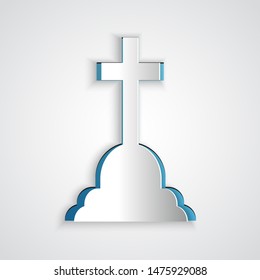 Paper cut Tombstone with cross icon isolated on grey background. Grave icon. Paper art style. Vector Illustration