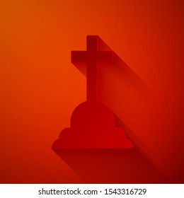 Paper cut Tombstone with cross icon isolated on red background. Grave icon. Paper art style. Vector Illustration