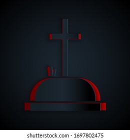 Paper cut Tombstone with cross icon isolated on black background. Grave icon. Paper art style. Vector Illustration