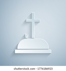 Paper cut Tombstone with cross icon isolated on grey background. Grave icon. Paper art style. Vector Illustration