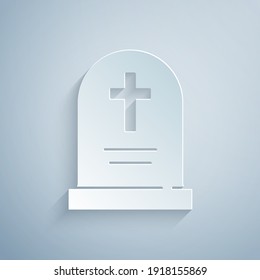 Paper cut Tombstone with cross icon isolated on grey background. Grave icon. Happy Halloween party. Paper art style. Vector.