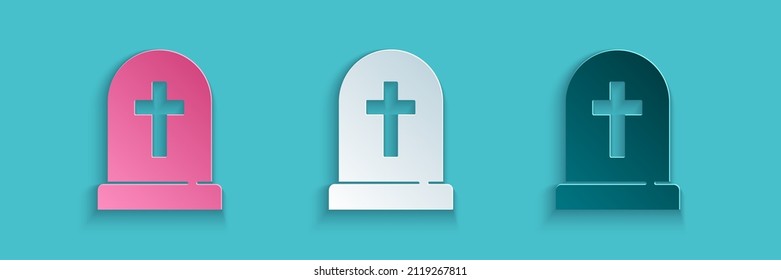 Paper cut Tombstone with cross icon isolated on blue background. Grave icon. Happy Halloween party. Paper art style. Vector