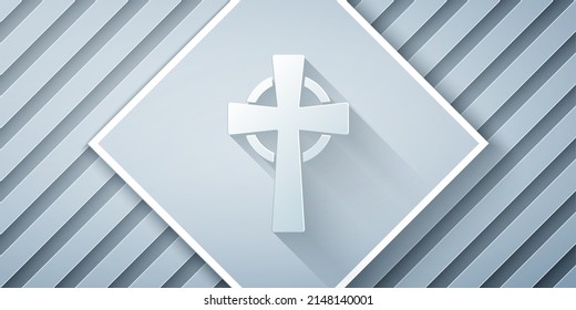 Paper cut Tombstone with cross icon isolated on grey background. Grave icon. Paper art style. Vector