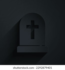 Paper cut Tombstone with cross icon isolated on black background. Grave icon. Happy Halloween party. Paper art style. Vector svg