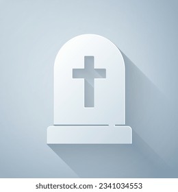 Paper cut Tombstone with cross icon isolated on grey background. Grave icon. Happy Halloween party. Paper art style. Vector