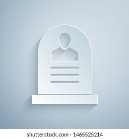 Paper cut Tombstone with RIP written on it icon isolated on grey background. Grave icon. Paper art style. Vector Illustration