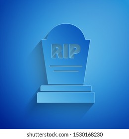 Paper cut Tombstone with RIP written on it icon isolated on blue background. Grave icon. Paper art style. Vector Illustration