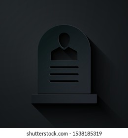 Paper cut Tombstone with RIP written on it icon isolated on black background. Grave icon. Paper art style. Vector Illustration