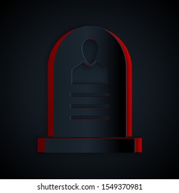 Paper cut Tombstone with RIP written on it icon isolated on black background. Grave icon. Paper art style. Vector Illustration
