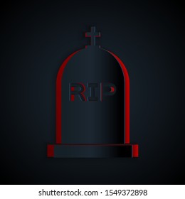 Paper cut Tombstone with RIP written on it icon isolated on black background. Grave icon. Paper art style. Vector Illustration