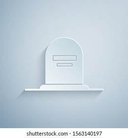 Paper cut Tombstone with RIP written on it icon isolated on grey background. Grave icon. Paper art style. Vector Illustration