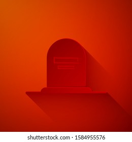 Paper cut Tombstone with RIP written on it icon isolated on red background. Grave icon. Paper art style. Vector Illustration