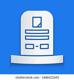Paper cut Tombstone with RIP written on it icon isolated on blue background. Grave icon. Paper art style. Vector Illustration