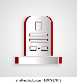 Paper cut Tombstone with RIP written on it icon isolated on grey background. Grave icon. Paper art style. Vector Illustration