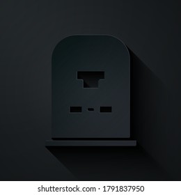 Paper cut Tombstone with RIP written on it icon isolated on black background. Grave icon. Paper art style. Vector Illustration