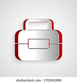 Papier geschnitten Toolbox Symbol einzeln auf grauem Hintergrund. Werkzeugkasten-Zeichen. Kunststil aus Papier. Vektorillustration-Illustration
