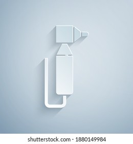 Paper cut Tooth drill icon isolated on grey background. Dental handpiece for drilling and grinding tools. Paper art style. Vector.