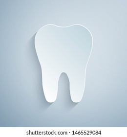 Paper cut Tooth icon isolated on grey background. Tooth symbol for dentistry clinic or dentist medical center and toothpaste package. Paper art style. Vector Illustration