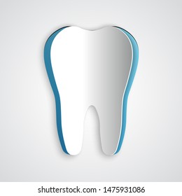 Paper cut Tooth icon isolated on grey background. Tooth symbol for dentistry clinic or dentist medical center and toothpaste package. Paper art style. Vector Illustration