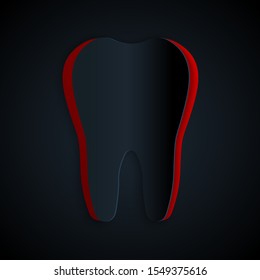 Paper cut Tooth icon isolated on black background. Tooth symbol for dentistry clinic or dentist medical center and toothpaste package. Paper art style. Vector Illustration