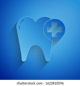Paper cut Tooth icon isolated on blue background. Tooth symbol for dentistry clinic or dentist medical center and toothpaste package. Paper art style. Vector Illustration