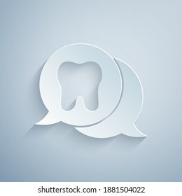 Paper cut Tooth icon isolated on grey background. Tooth symbol for dentistry clinic or dentist medical center and toothpaste package. Paper art style. Vector.