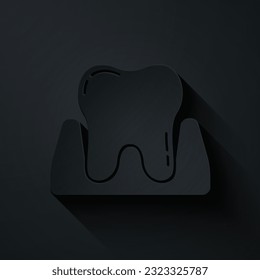 Paper cut Tooth icon isolated on black background. Tooth symbol for dentistry clinic or dentist medical center and toothpaste package. Paper art style. Vector