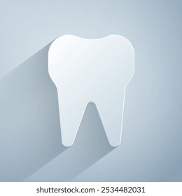 Paper cut Tooth icon isolated on grey background. Tooth symbol for dentistry clinic or dentist medical center and toothpaste package. Paper art style. Vector Illustration