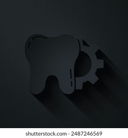 Paper cut Tooth treatment procedure icon isolated on black background. Tooth repair with gear. Paper art style. Vector