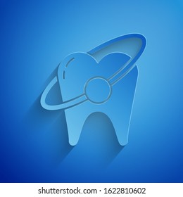 Paper cut Tooth whitening concept icon isolated on blue background. Tooth symbol for dentistry clinic or dentist medical center. Paper art style. Vector Illustration