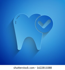 Paper cut Tooth whitening concept icon isolated on blue background. Tooth symbol for dentistry clinic or dentist medical center. Paper art style. Vector Illustration