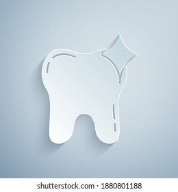 Paper cut Tooth whitening concept icon isolated on grey background. Tooth symbol for dentistry clinic or dentist medical center. Paper art style. Vector.