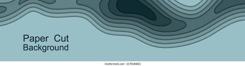 Paper cut topography 3d  background. Multi layers origami relief map. vlue sea water, papercut web banner; smooth topo lines. Banner trendy design. Vector illustration