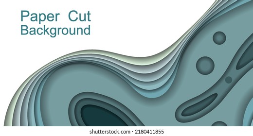 Paper cut topography 3d background. Relief map with multi layers, sea water  topo lines, teal color ocean coast. Paper cut web banner modern design, vector illustration