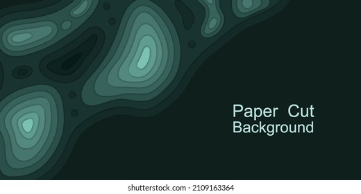 Paper cut topography background. 3d topographic relief map, ocean water, islands. Deep teal trendy design for banner or flyer. Abstract vector illustration