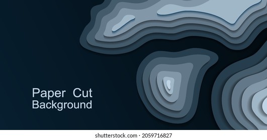 Paper cut topography background. Dark blue area relief map with hills and mountain, or islands in ocean. Origami 3d multi layers. Modern trandy paper design for banner. Vector illustration