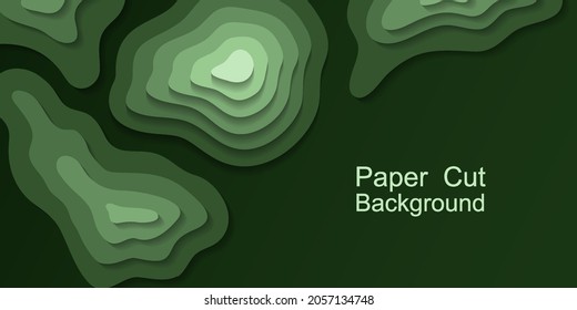 Paper cut topography background. Green area relief map with hills and mountain, or islands in ocean. Origami 3d multi layers. Modern trandy paper design for banner. Vector illustration