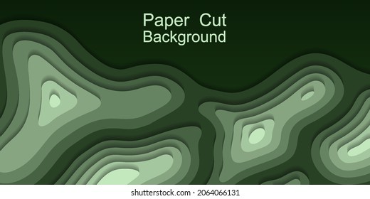 Paper cut topography background. Green area relief map with hills and mountain, or islands in ocean. Origami 3d multi layers. Modern trandy paper design for banner. Vector illustration